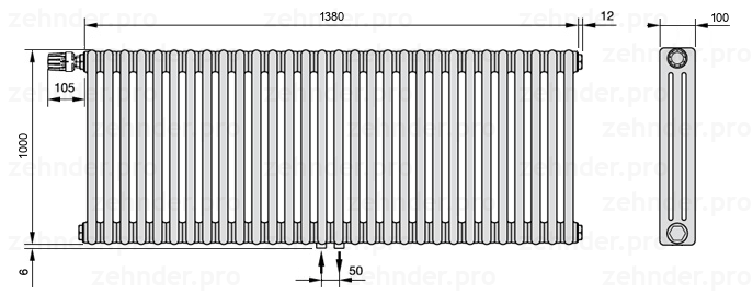Схема (чертеж) Радиатор Zehnder Charleston 3100/30 №V007 Белый глянцевый RAL 9016